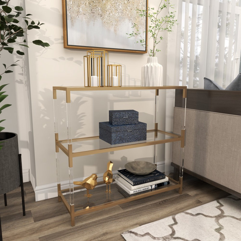 Metal 2 Shelf Gold Console Table with Clear Glass Top and Acrylic Legs