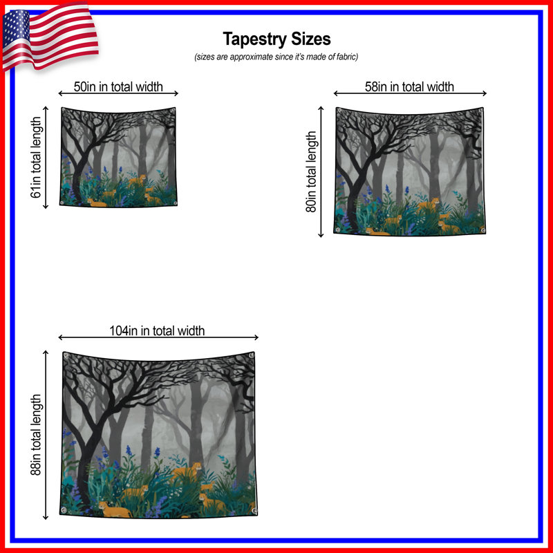 Tapisserie murale «Lions In Misty Forest» - Décoration murale faune, H 104 po x 88 avec 4 œillets