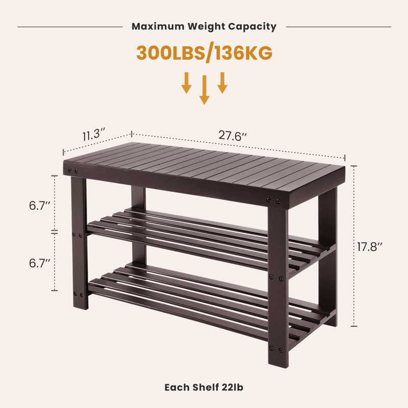 (2 Pack) 6-9 Pair Capacity Natural Bamboo Shoe Bench, 3-Tier Storage Stool, Entryway/Bed End Seating Bench, Brown