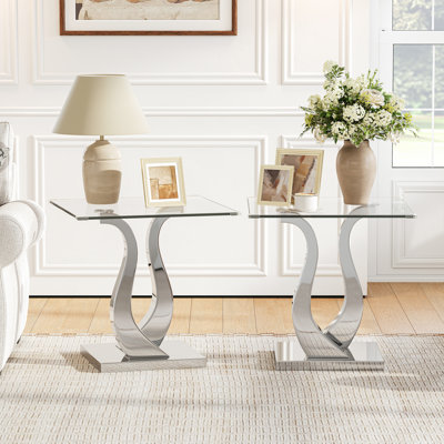 Ensemble de 2 tables de bout carrées en verre 23,62 po avec base en acier inoxydable poli double, table d'appoint moderne pour le salon