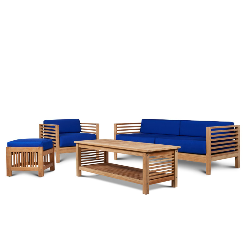 Summer 4 Piece Rattan Sunbrella Sofa Set with Cushions, Brown, Navy