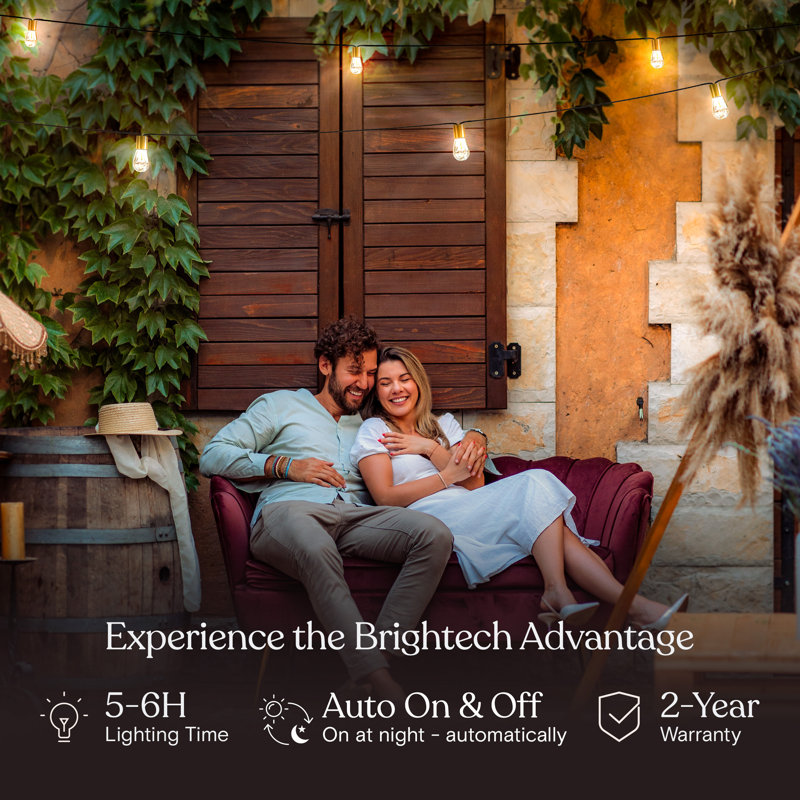 Glow Series 28 ft. Solar Outdoor Patio LED String Lights with 12 Warm White S14 Edison Bulbs, Gold Brass Sockets, Weatherproof