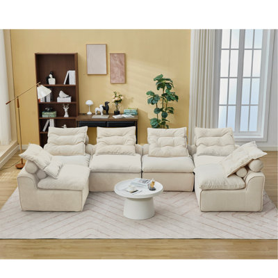 [Video Provided]Modular Sofa,No Armrests,At Will Diy,Corduroy ,Neck Pillow-Back Lounge Sofa Chair,Reading Nook, Or Apartment Living, Lumbar Pillow,6 Seats,Upholstered,Beige