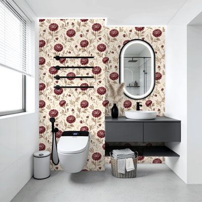 Peel and Stick Wallpaper Vintage Floral Burgundy Chrysanthemums Beige Leaves Wall Mural 17.7"W x 118"H Self Adhesive Removable Wall Paper Renter Friendly Wallpaper for Nursery Bedroom Cabinets