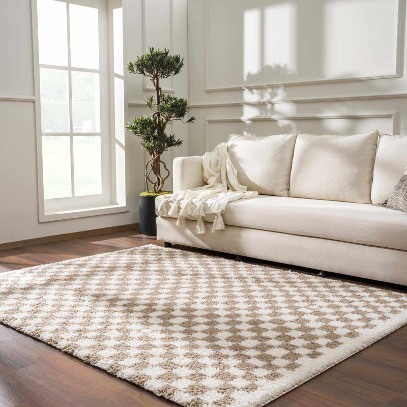 Cabble Rectangle Checkered Machine Woven Polyester Area Rug in Tan/White, Rectangle 7'10" x 10'