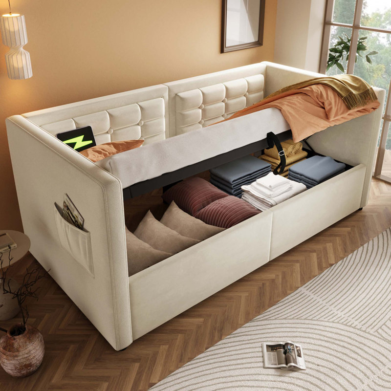 Upholstered Twin Size Daybed, Hydraulic Storage Twin Bed Frame With USB & Type-C Charging, Bed Frame With Wooden Slats And Tufted Sofa Back, Velvet (Without Mattress)