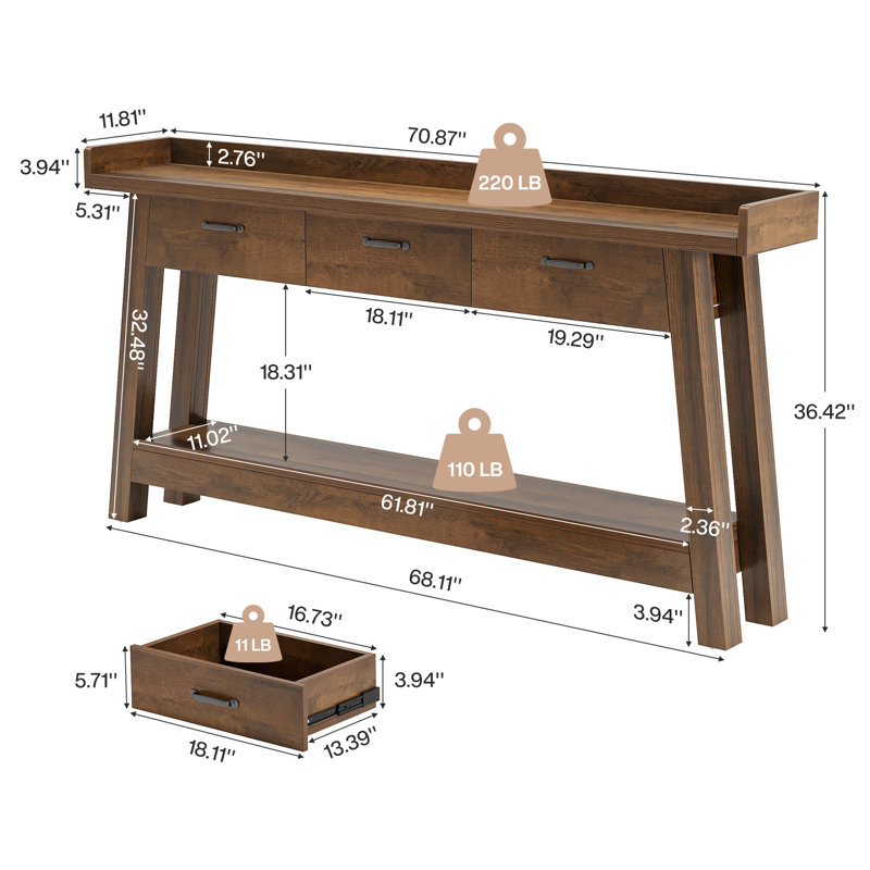 70.9-Inch Sofa Console Table with 3 Drawers