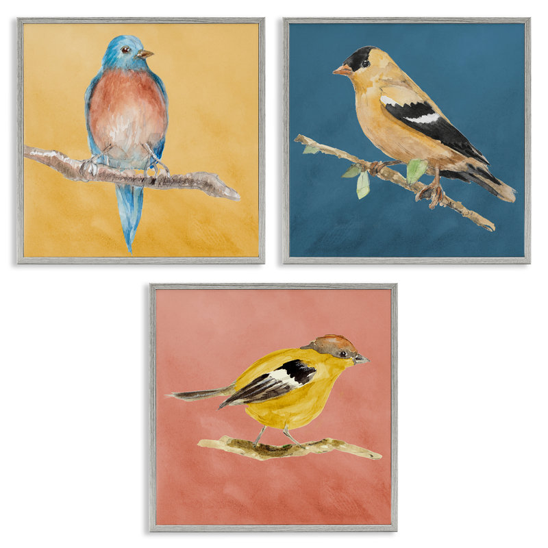 «Brilliant Birds on Branches», ensemble de 3 giclées par Lanie Loreth, Gris, H 12 po x l 12 po