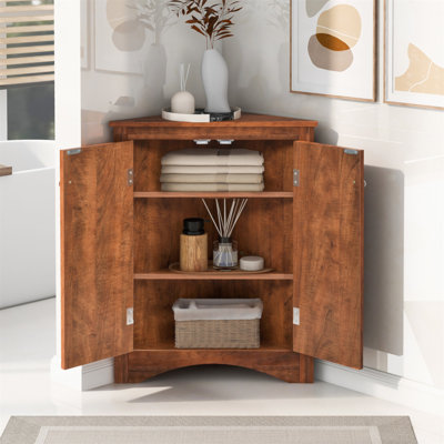 Brown Triangle Bathroom Storage Cabinet With Adjustable Shelves, Freestanding Floor Cabinet For Home Kitchen