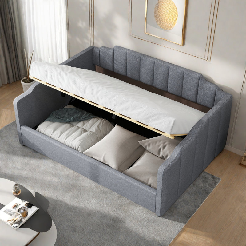 Lit de jour moderne rembourré avec plateau de rangement en dessous et motif à rayures verticales, Gris, Complet/Double