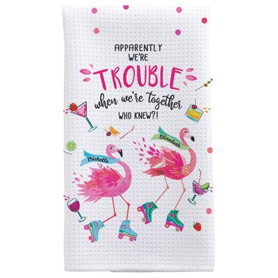 Personalized Flamingo Friends Tea Towel – “Trouble Together” Custom Name Kitchen Towel – Waffle Weave Dish Towel, Fun Gift for Friends, Girls & Besties (15.75" x 24.75")