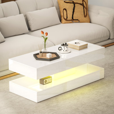 Table basse haute brillance avec centre de lumière DEL réglable blanc