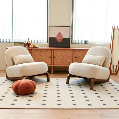 Mignon fauteuil d'appoint avec pieds en bois massif, fauteuil de salon en similicuir avec coussin moelleux, fauteuil de chambre confortable, fauteuil de lecture confortable pour appartement, salle d'attente, balcon, ensemble de 2 (crème)