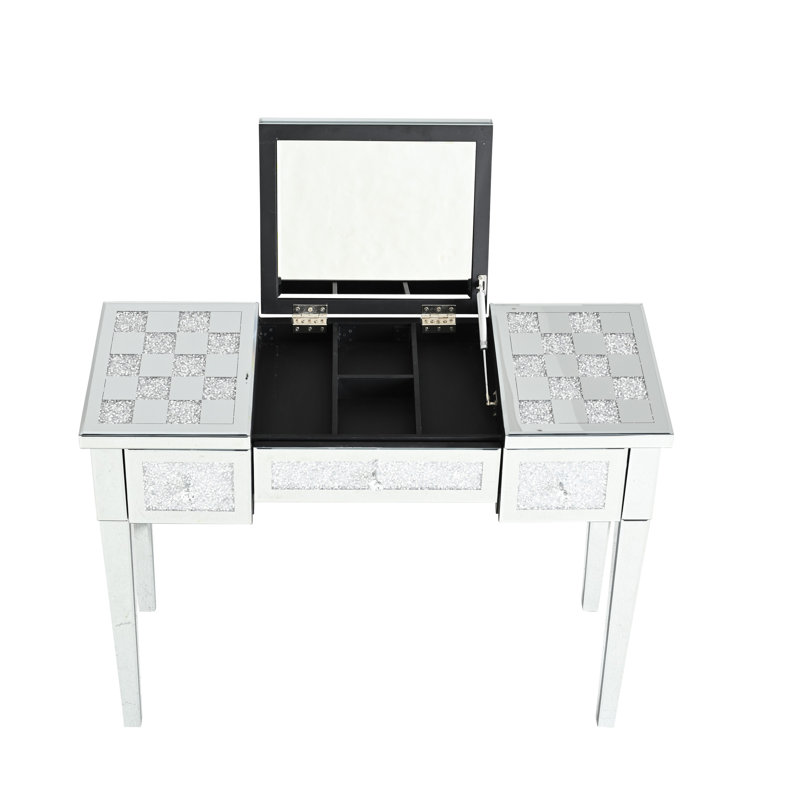 Bureau de coiffeuse en miroir avec incrustation de diamant concassé, miroir de table de coiffeuse argenté, console en verre pour chambre à coucher, vestibule, pièce. Espace de rangement spacieux 1 grand tiroir, 2 tiroirs latéraux et milieu