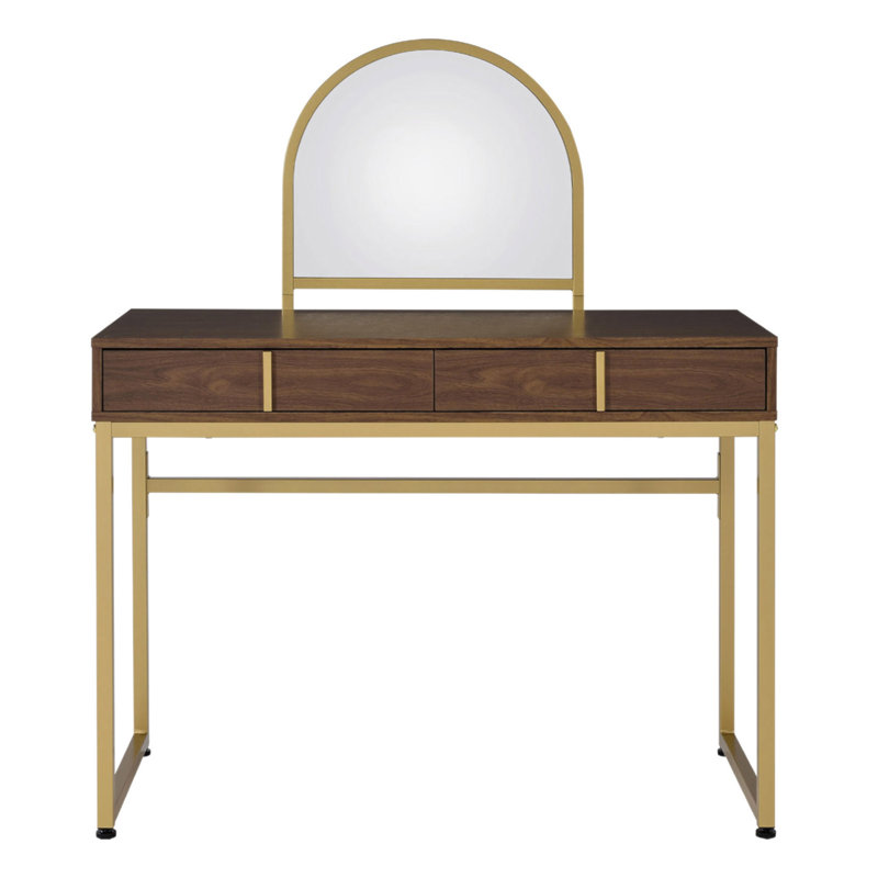 Bureau de coiffeuse 2 tiroirs avec miroir et plateau à bijoux, noyer et or