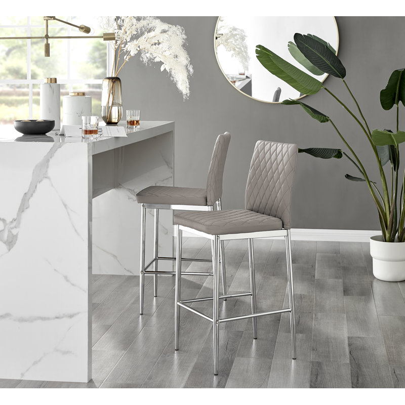 Milton Luxury Breakfast Bar Stool in Quilted Design Faux Leather - Modern Chic Kitchen, Cappuccino, Silver