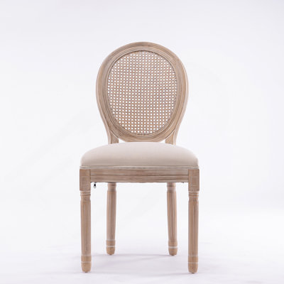 Chaise de salle à manger en bois massif de style français avec dossier en rotin et siège en lin, ensemble de 2 pour un usage quotidien élégant.