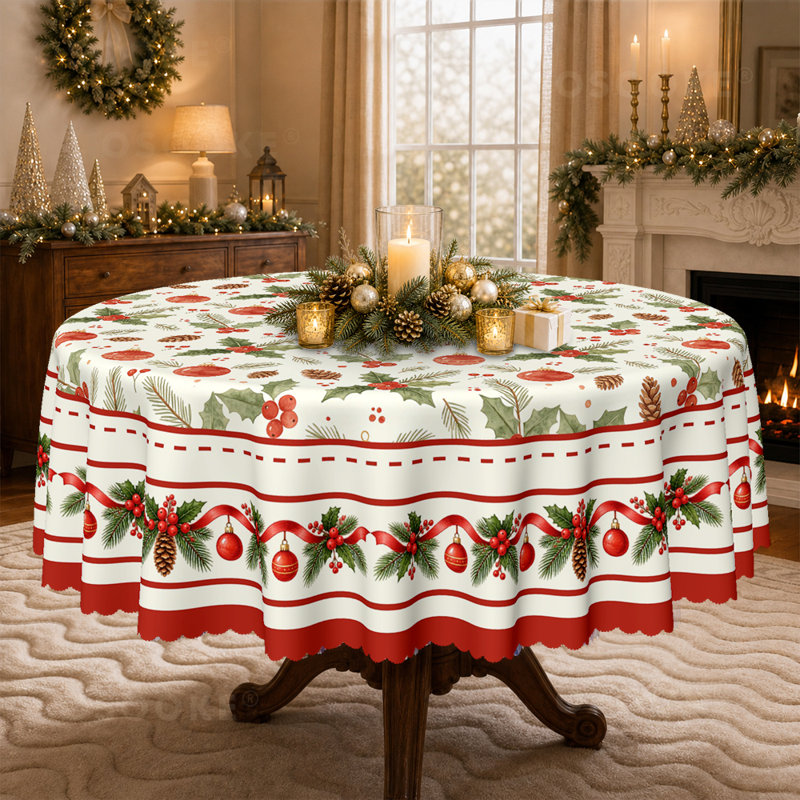 Classic Holly Berry Tablecloth, Red Ornament Pinecone Table Cloth, Rectangle-60x86in