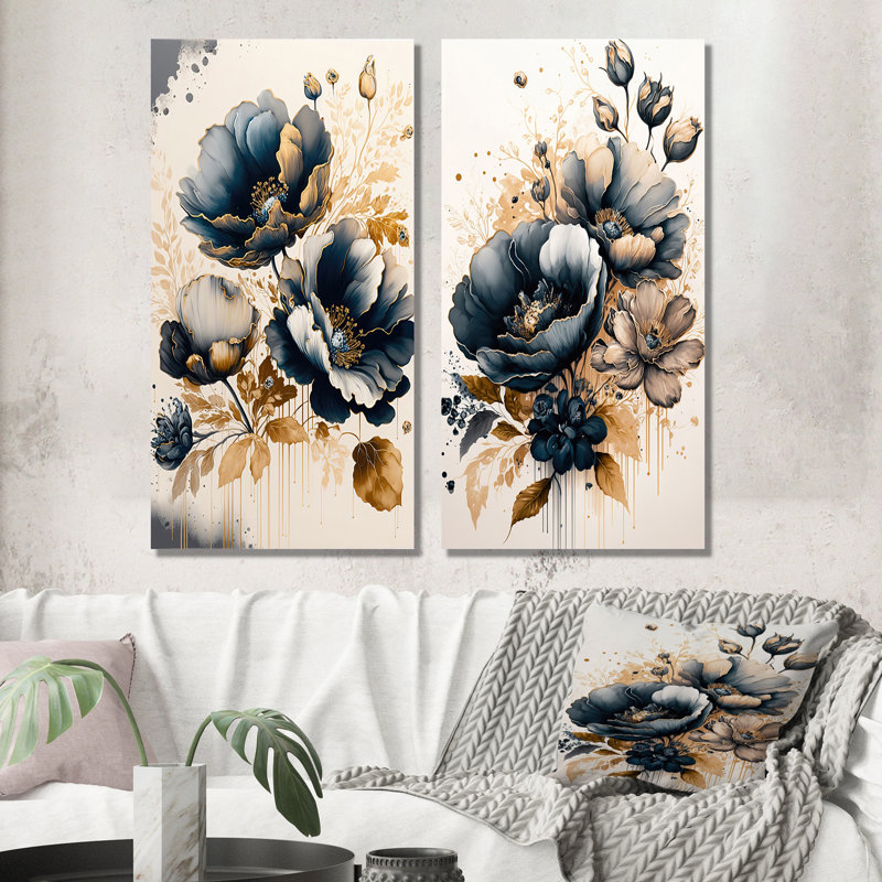 «Fleurs de pavot bleu marine et or II», 2 pièces sur toile, Toile tendue, H 40 po x l 40 po