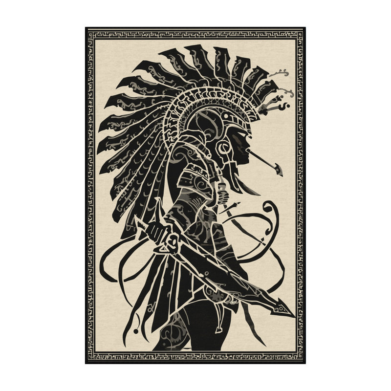 Soft Plush Duren Obsidian Blade Warrior Classic Damask Area Rug in Beige – Black Binding, 5x8