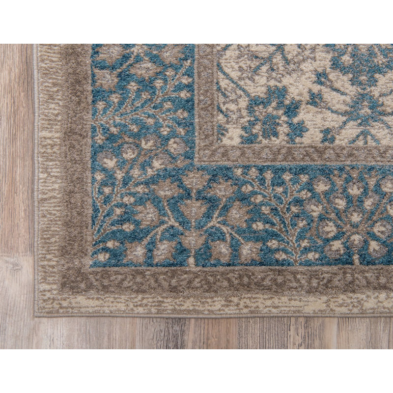 Floral bleu clair/Ivoire Tapis décoratif Linz, Rectangle 3 pi 3 po x 5 pi 3 po