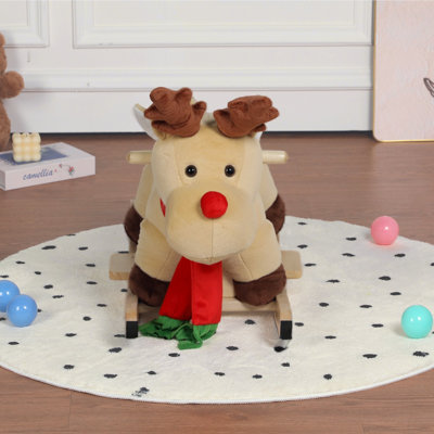 Kids Ride-On Rocking Horse Toy with Jingle Bells,Moose Rocking Toy with Hand Puppets and Safety Belt For Children 1-3 Years,Soft Plush Fabric,Apricot,CPC Certified