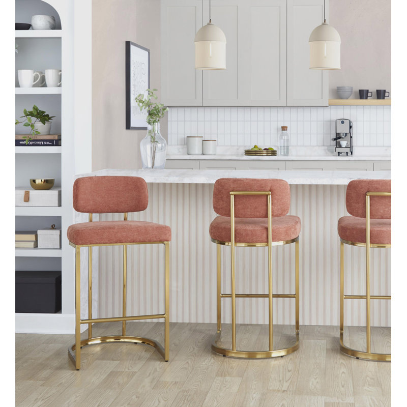 Erma Mid-Back 26" Fixed-Height Counter Stools (Set of 2), Orange Seat/Gold Frame