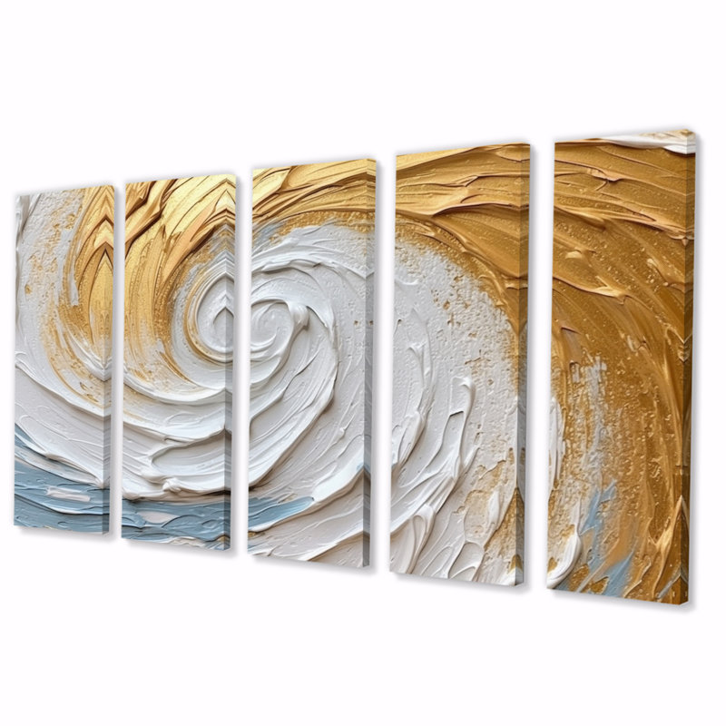 Or éternel tourbillon doré II - art mural abstrait en spirale sur toile - 5 panneaux égaux