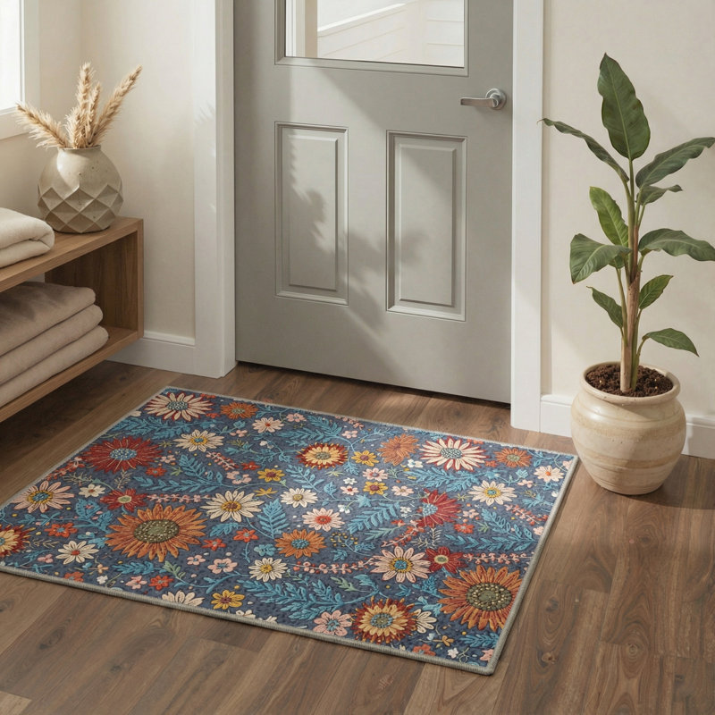 Tapis d'intérieur bleu / rouge / orange lavable à la machine Ammons Aura avec envers antidérapant, Rectangle 5 pi x 7 pi