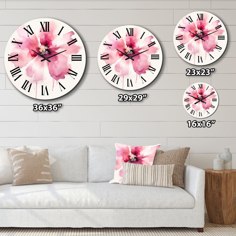 Horloge murale délicate fleur d'hibiscus rose en métal II, Très grand