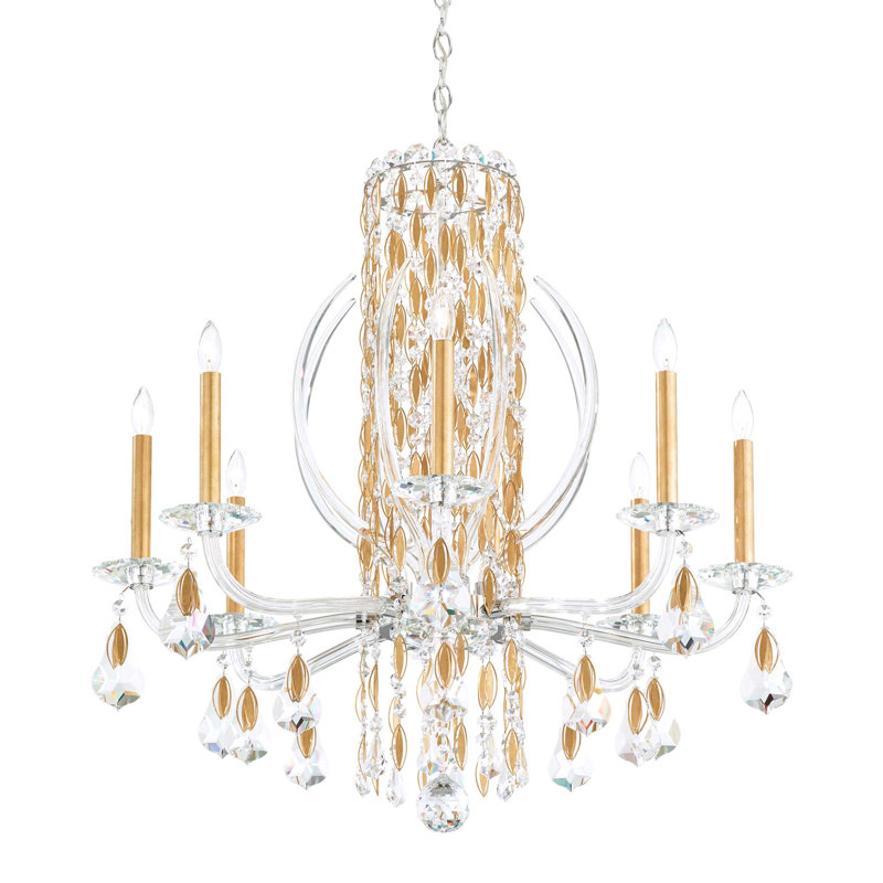 Siena 8 Light 30in x 31in Chandelier with Crystal Tusks in White with Clear Radiance Crystals, Czech, Heirloom Gold