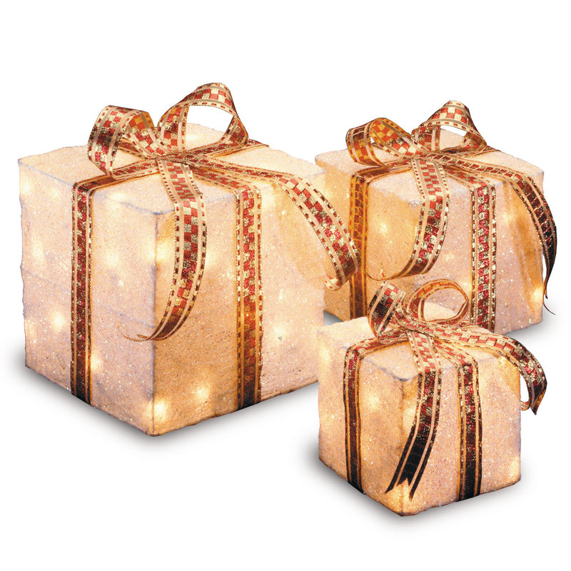 Pre-Lit Sisal Gift Box Assortment, White with Gold Bows, 10.6" H x 10" W x 10" D
