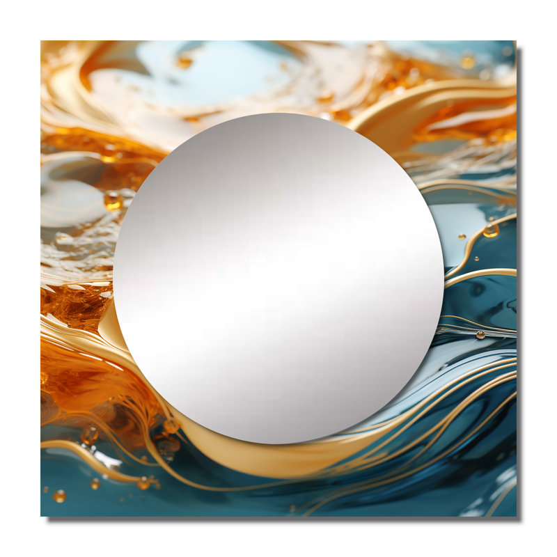 Bold Gold Elegant Wave On Blue - Abstract Shapes Square Mirror Wall Art For Bathroom, 23" x 23"