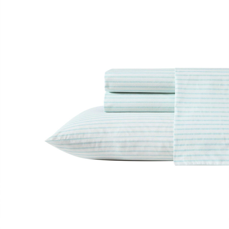 Tommy Bahama Printed Percale Cotton Sheet Set, Queen Sheet Set with 2 Pillowcases, Green Cool Beach Stripe