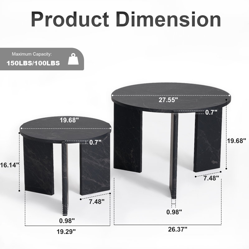 Ensemble de 2 tables basses rondes gigognes pour le salon [hauteur interchangeable] Table d'appoint Mid Century, Noir