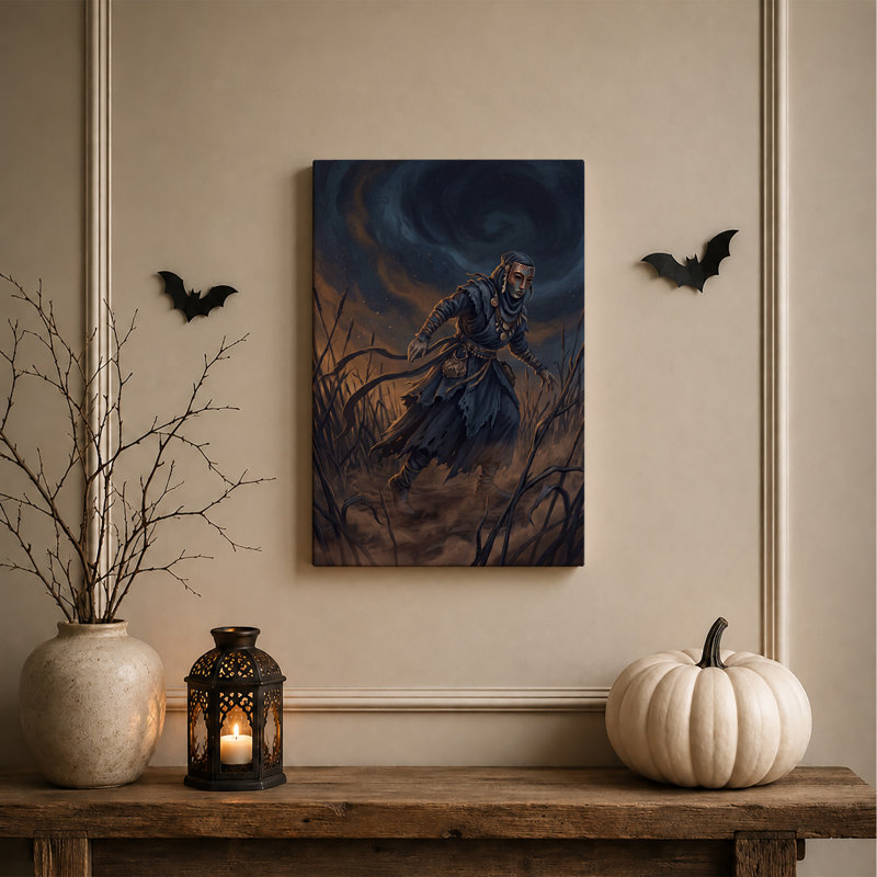 Personnage masqué en robe bleue déchirée au milieu d'une toile murale sèche d'Halloween, 40"H x 28"W
