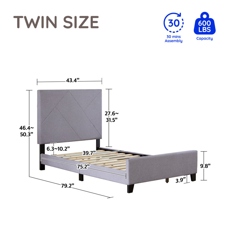 Upholstered Wooden Platform Bed Frame with Adjustable Headboard, No Box Spring Needed, Twin
