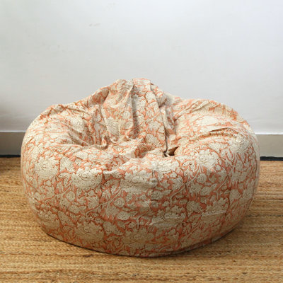 Floral Pink Hand Block Print Bean Bag Cover | Cotton Bean Bag Chair Cover | Boho Seating For Living Room, Bedroom, Or Kids’ Space Decor by Eyda Homes