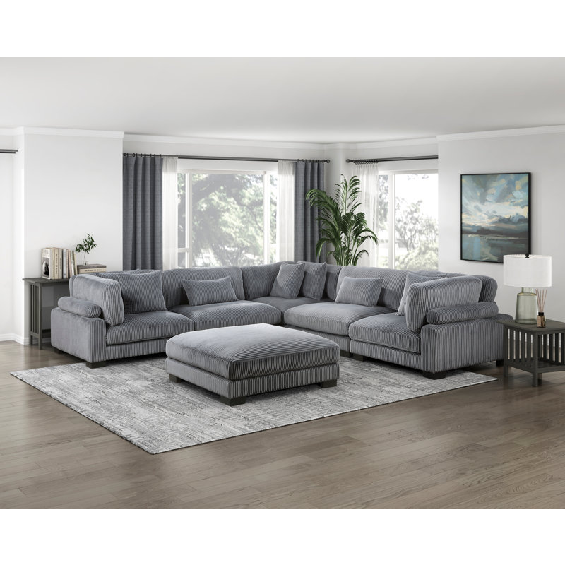 Canapé modulaire avec repose-pieds 6 pièces Sumekh, Velours côtelé gris