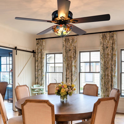 52" Retro Tiffany Ceiling Fans With 6 Speeds And Reversible  For Living Dining Room Bedroom