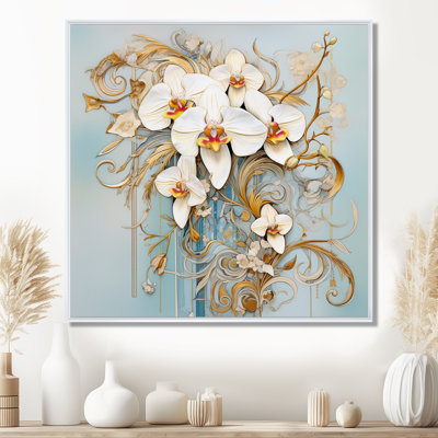 Orchidées blanches Art Nouveau ornementales feuilles d'or - art mural orchidée