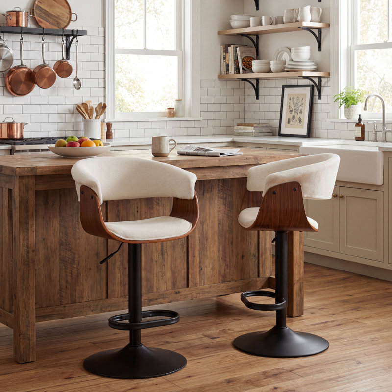 Tabourets de bar à hauteur réglable avec siège pivotant en tissu et dossier pour îlot de cuisine, bar et pub, 2, Beige