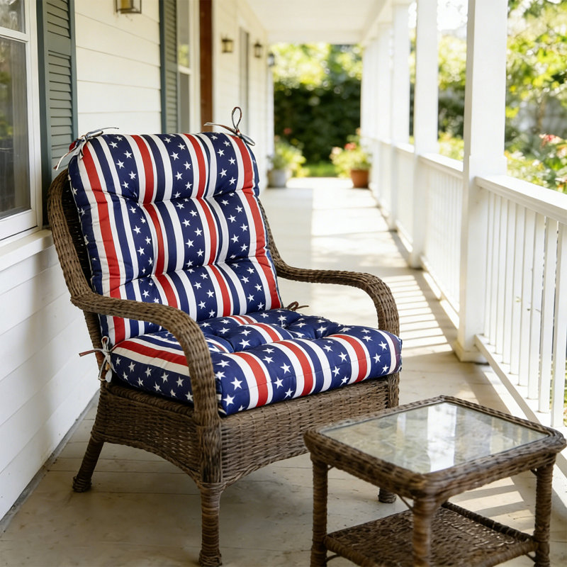 2 Piece 4" Thick Chair Cushion Indoor and Outdoor Seat / Back Cushions with Straps, American Flag