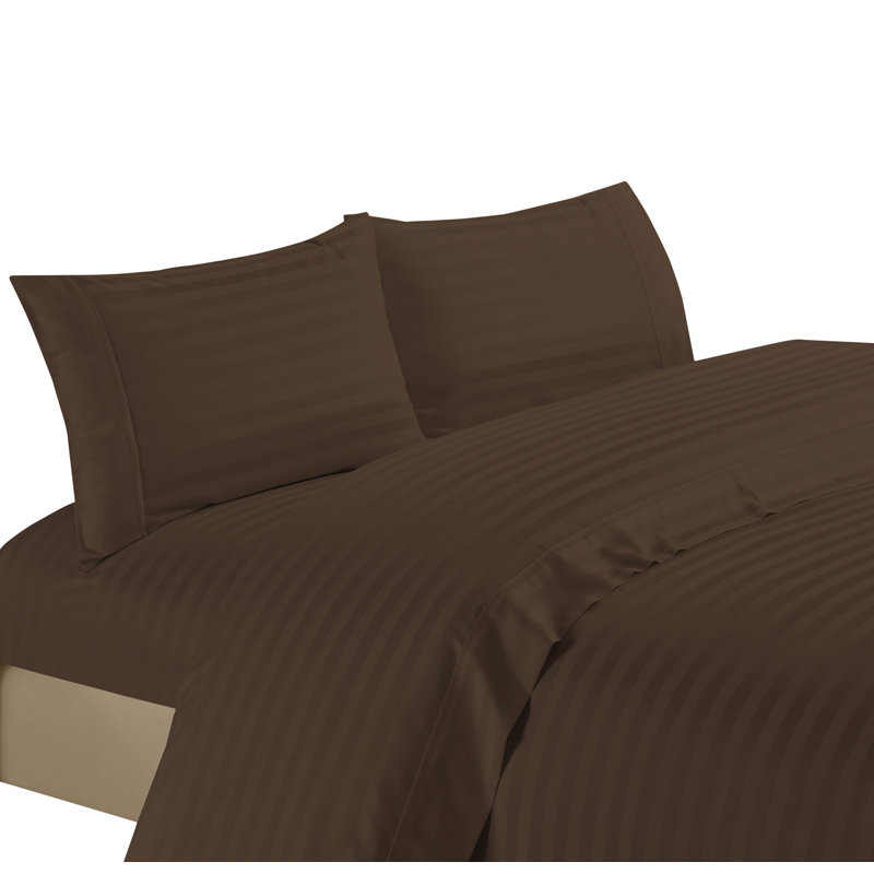 Ensemble de draps 100% satin de coton 1200 fils, Brun / chocolat, Ensemble de draps pour grand lit avec 2 taies d'or