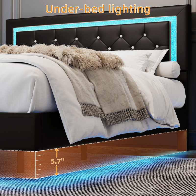 Bed Frame With Headboard, Floating Bed Frame With LED Lights, Upholstered Platform Bed With Tufted Headboard, Black