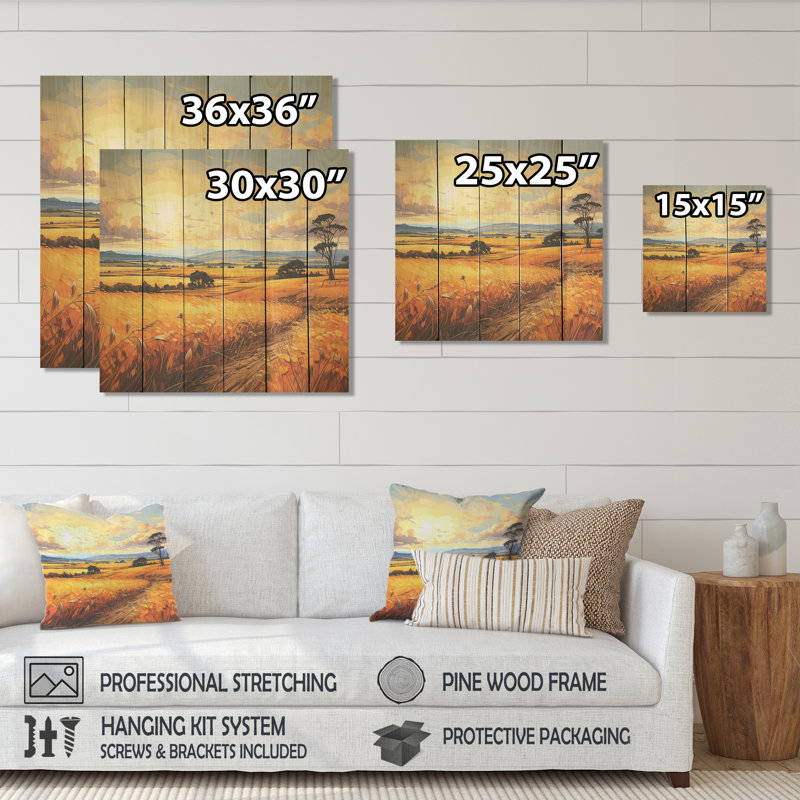 Golden Fields In Us Country I - Paysage romantique sur bois, H 15 po x l 15 po
