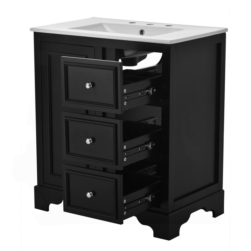 Armoire de meuble-lavabo 30 po avec lavabo en céramique, 3 tiroirs et tablettes réglables, Noir / argenté