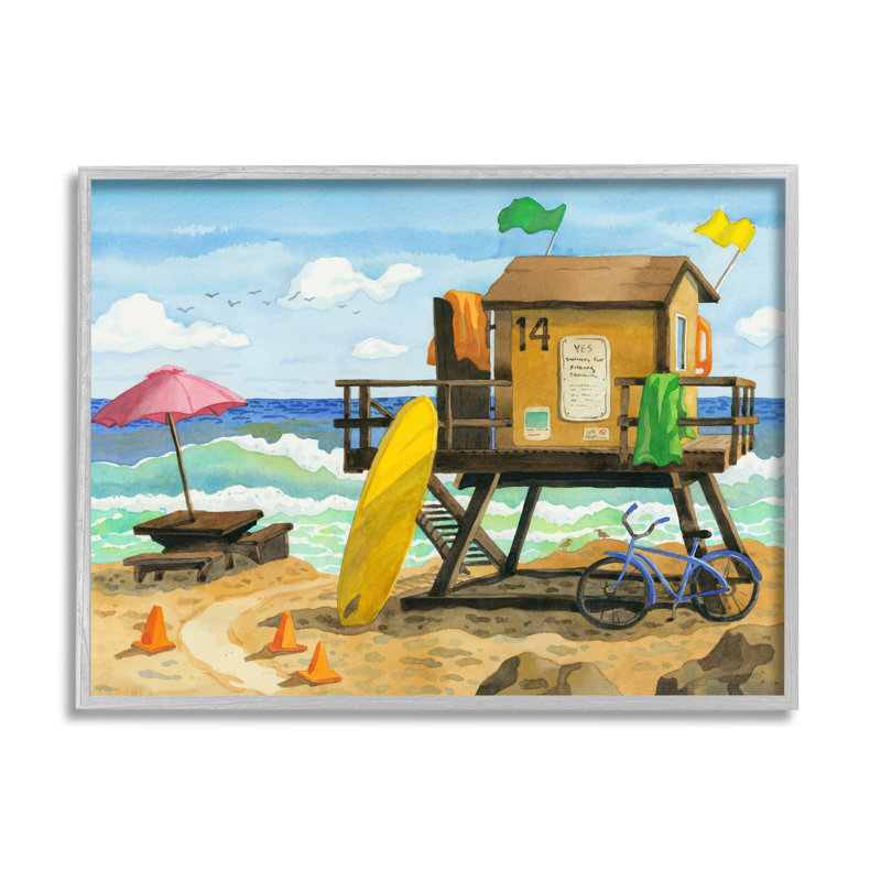 «Lifeguard Hut On Beach» encadré sur bois par Robin Altman, peinture, H 24 po x l 30 po x P 1,5 po