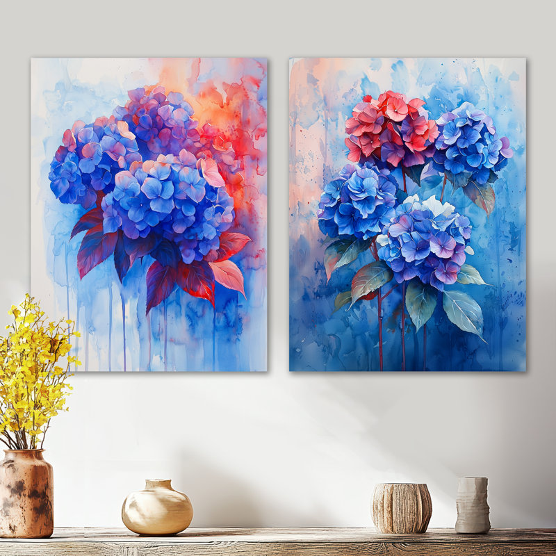 Hortensia bleu et rouge dans un style hortensia de style graffiti I - ensemble de 2 reproductions d'art murales florales en métal