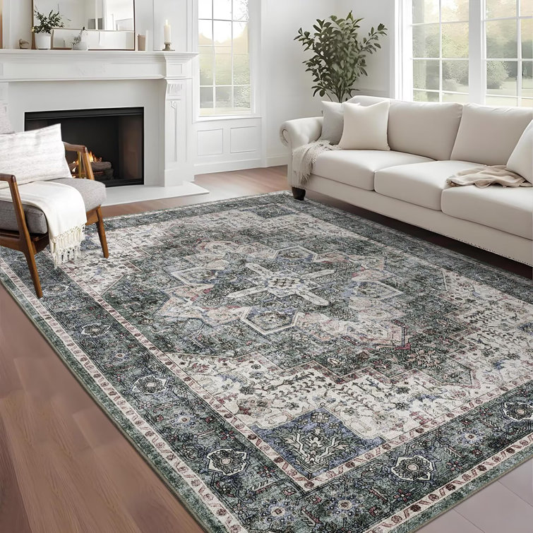 Oriental Machine Washable Area Rugs for Living Room Non-Slip Low Pile Distressed Carpet with Rubber Backing for Bedroom Dining Room Nursey